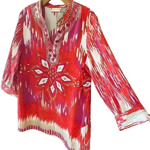 Chico’s Sz 0=SM 4 Pink Purple Gold Boho Bali Design Beaded Collar Flowy Top - Picture 3 of 7